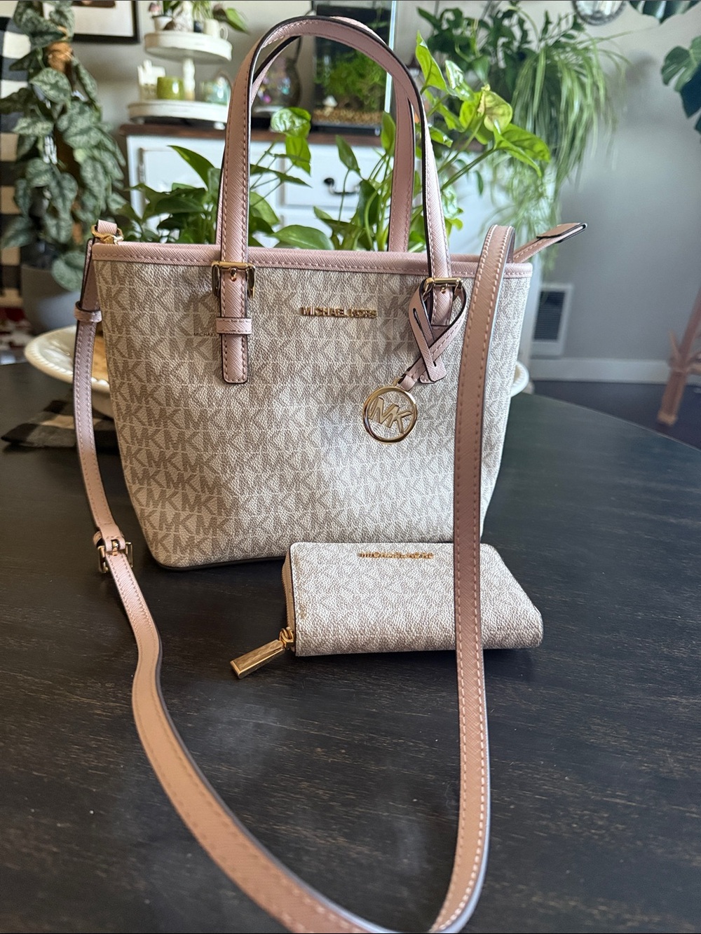 Michael Kors Beige/Pink Signature Tote with Matching Wallet